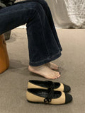 Momentlover Contrast Color Round Cut Split-Joint Square-Toe Low Heels Flat Shoes Flats