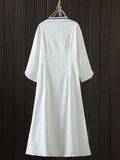 Momentlover Solid Color Jacquard Chinese Frog Buttons Loose Long Sleeves V-Neck Midi Dresses