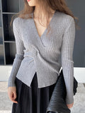 Momentlover Solid Color Knot Loose Long Sleeves V-Neck Sweater Tops Pullovers
