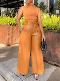 Momentlover Zipper Solid Color Belted Wide Leg High Waisted Trousers Pants