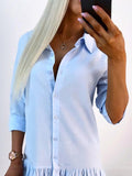 Momentlover Split-Joint Solid Color Pleated Buttoned Loose Long Sleeves Lapel Shirt Dress Mini Dresses