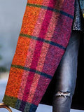 Momentlover Long Sleeves Loose Contrast Color Plaid Split-Joint Lapel Outerwear Windbreakers Woolen Coat