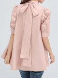 Momentlover Solid Color Pleated Bowknot Loose Half Sleeves Mock Neck Blouses&Shirts Tops
