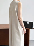 Momentlover Zipper Split-Back Solid Color Pockets Sleeveless Loose Round-Neck Midi Dresses