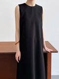 Momentlover Zipper Split-Back Solid Color Pockets Sleeveless Loose Round-Neck Midi Dresses