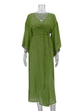 Momentlover Tied Waist Split-Side Solid Color See-Through Three-Quarter Sleeves Loose V-Neck Midi Dresses