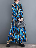 Momentlover Split-Joint Printed Buttoned Loose Long Sleeves Stand Collar Shirt Dress Maxi Dresses