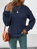 Momentlover Split-Joint Solid Color Pockets Loose Long Sleeves Round-Neck Sweater Tops Pullovers