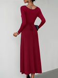 Momentlover Tied Waist Solid Color Skinny Long Sleeves U-Neck Midi Dresses