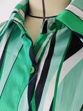 Momentlover Striped Contrast Color Loose Long Sleeves Lapel Blouses