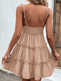 Momentlover A-Line High Waisted Backless Jacquard Solid Color Split-Joint Tied U-Neck Mini Dresses Slip Dress