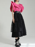 Momentlover Split-Joint Solid Color Pleated Falbala Short Sleeves Loose Round-Neck Blouses