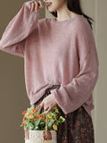 Momentlover Solid Color See-Through Loose Long Sleeves Round-Neck Sweater Tops