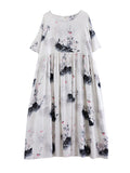 Momentlover Split-Joint Printed Pleated Short Sleeves Loose Round-neck Midi Dresses