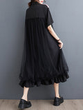 Momentlover Split-Joint Printed Falbala Short Sleeves Loose Lapel Midi Dresses
