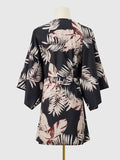 Momentlover Leaves Print Drawstring Buttoned Loose Half Sleeves V-Neck Mini Dresses