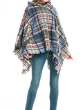 Momentlover Plaid Keep Warm Hooded Fringed Shawl&Cloak Cape