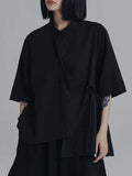 Momentlover Tied Solid Color Buttoned Asymmetric Short Sleeves Raglan Sleeve Stand Collar Blouses&Shirts Tops