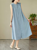 Momentlover Solid Color Pleated Buttoned Sleeveless A-Line Round-Neck Midi Dresses