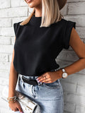 Momentlover Solid Color Hollow Loose Cap Sleeve Mock Neck T-Shirts Tops