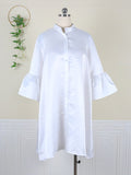 Momentlover Urban Buttoned Solid Color Stand Collar Flared Sleeve Loose Midi Dress