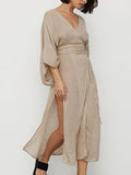 Momentlover Tied Waist Split-Side Solid Color See-Through Three-Quarter Sleeves Loose V-Neck Midi Dresses