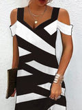 Momentlover Printed Hollow Contrast Color Short Sleeves Plus Size V-Neck Mini Dresses
