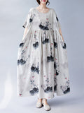 Momentlover Split-Joint Printed Pleated Short Sleeves Loose Round-neck Midi Dresses