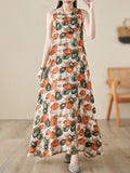 Momentlover Printed Sleeveless Loose Round-Neck Midi Dresses