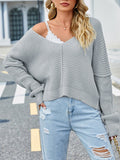 Batwing Sleeves Loose Fringed Solid Color Split-Joint V-Neck Sweater