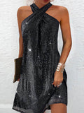 Momentlover Solid Color Sequined Hollow Sleeveless Loose Halter-Neck Mini Dresses