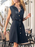 Momentlover Tied Waist Pockets Buttoned Sleeveless Plus Size Lapel Mini Dresses