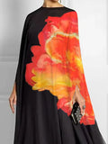 Momentlover Batwing Sleeves Loose Contrast Color Floral Printed Round-Neck Maxi Dresses