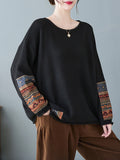 Momentlover Split-Joint Printed Loose Long Sleeves Round-Neck Sweater Tops Pullovers
