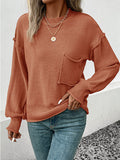 Momentlover Split-Joint Solid Color Pockets Loose Long Sleeves Round-Neck Sweater Tops Pullovers