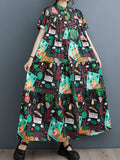 Momentlover Split-Joint Printed Buttoned Short Sleeves Loose Stand Collar Midi Dresses