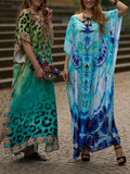 Momentlover Split-side Butterfly Print Short Sleeves Loose V-neck Maxi Dresses Beach Cover-Up