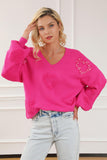 Momentlover Pearl Detail V-Neck Long Sleeve Sweater