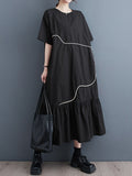 Momentlover Split-Joint Pleated Short Sleeves Loose Round-Neck Midi Dresses