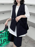 Momentlover Tied Waist Split-Joint Asymmetric Sleeveless Loose V-neck Vest Outerwear