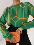 Momentlover Geometric Loose Long Sleeves Round-Neck Sweater Tops Pullovers Knitwear