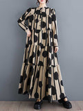 Momentlover Split-Joint Polka-Dot Pleated Buttoned Loose Long Sleeves Stand Collar Shirt Dress Maxi Dresses