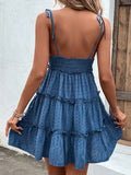 Momentlover A-Line High Waisted Backless Jacquard Solid Color Split-Joint Tied U-Neck Mini Dresses Slip Dress