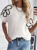 Momentlover Knitted Flower Short Sleeves Loose Round-Neck Sweater Tops Pullovers