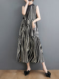 Momentlover Striped Sleeveless Loose Stand Collar Midi Dresses