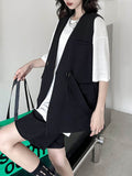 Momentlover Tied Waist Split-Joint Asymmetric Sleeveless Loose V-neck Vest Outerwear