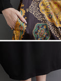 Momentlover Split-Joint Printed Asymmetric Loose Long Sleeves Round-Neck Midi Dresses