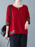 Momentlover Split-Joint Printed Loose Long Sleeves Round-Neck Sweater Tops Pullovers