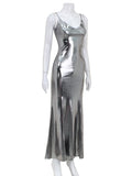 Momentlover Split-Joint Solid Color Shiny Sleeveless V-neck Maxi Dresses