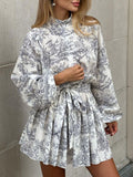 Momentlover Tied Waist Split-Joint Printed Pleated Puff Sleeves Loose Stand Collar Mini Dresses